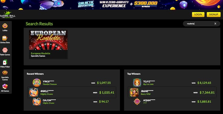 A screenshot of roulette search results at Raging Bull, one of the best online roulette sites.